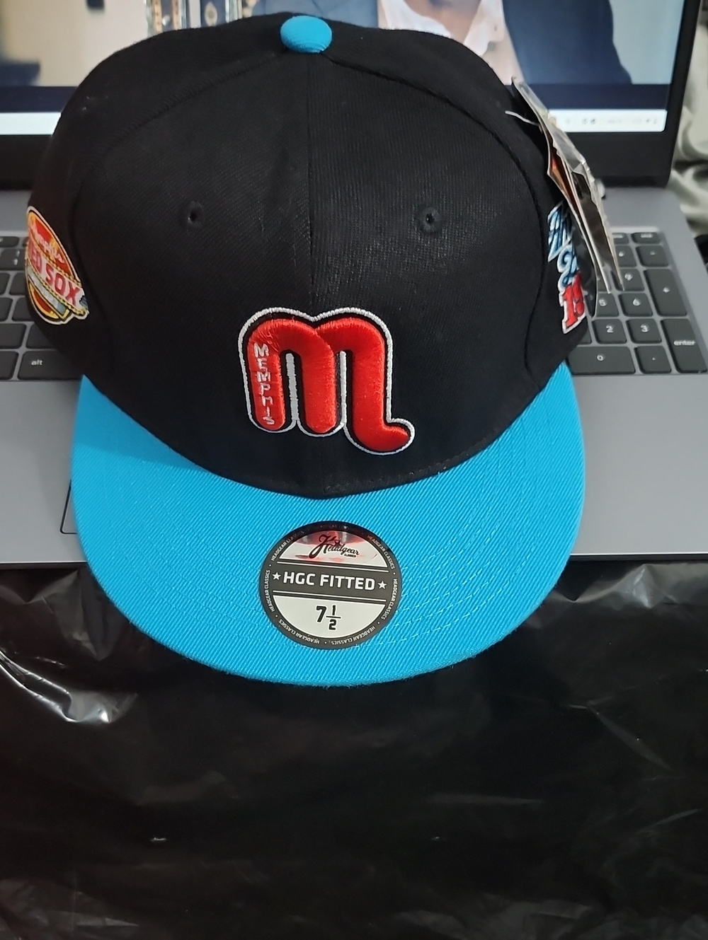 Memphis M Patch Black and Light Blue Fitted Hat